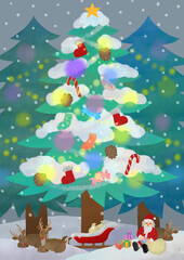 クリスマス素材　雪の積もったツリーの下　サンタクロースと赤鼻のトナカイ