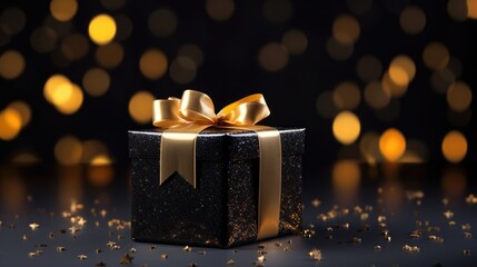Black gift box with golden ribbon and bow on isolated dark bokeh background - obrazy, fototapety, plakaty