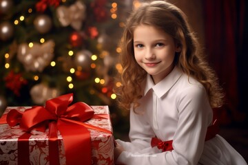 Fototapeta na wymiar Young girl sits beside a large gift box with a red bow. Christmas tree on the background.
