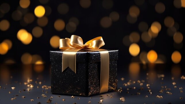 Black gift box with golden ribbon and bow on isolated dark bokeh background