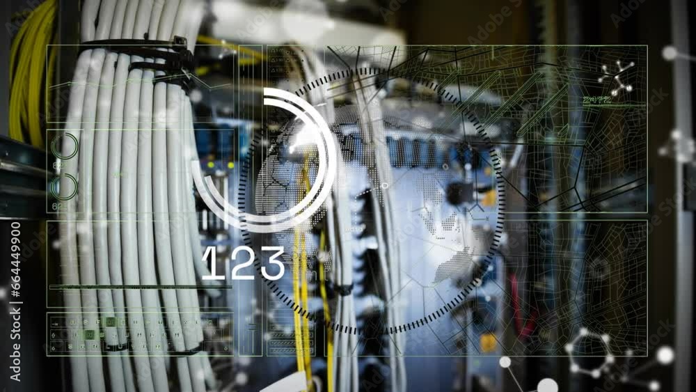 Poster animation of interface with data processing and molecular structures against close up of a server