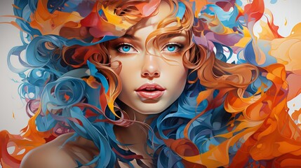 portrait of a woman with a colorful hair 3D illustration