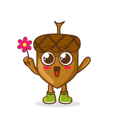 Cute cartoon acorn fruit character holding flower