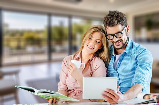 Doing Accounting Happy young Couple with Laptop, AI generated image