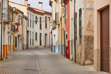 Picturesque multicolored houses facade in Palencia old town. Castilla Leon
