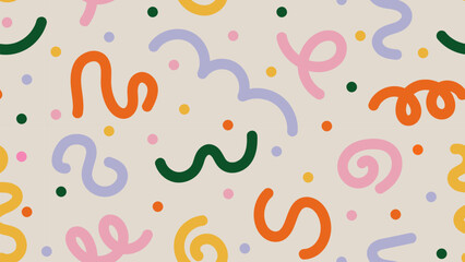 Fun colorful abstract background in doodle style. Simple childish scribble backdrop. Creative minimalist hand drawn pattern with bright cute elements. Random confetti, swirls, bundles and dots