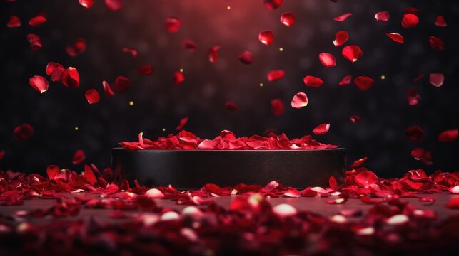 Fototapeta Black product podium placement on dark background with rose petals falling on it
