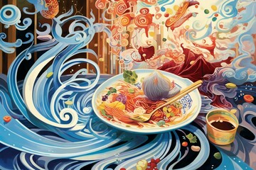 Artistic rendition of a meal with swirling patterns. Generative AI