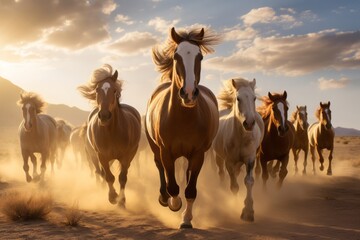 a group of big young beautiful energetic powerful horses running or galloping towards the camera in the desert, ultra wide angle lens