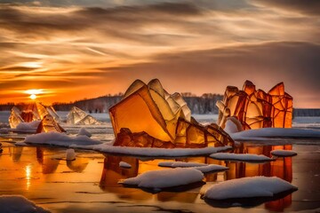 sunset over frozen land, Amidst a frozen wonderland, an abstract ice and amber magical background glistens in the ethereal light