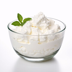 Cottage cheese in glass bowl on a white background