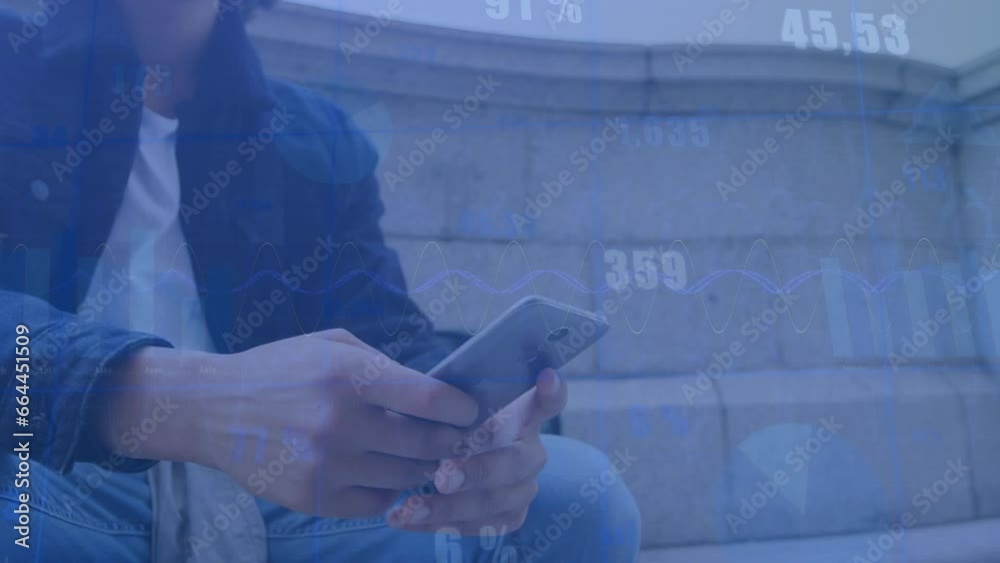 Poster animation of statistical data processing over biracial man using smartphone sitting on the stairs