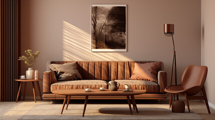 modern living room with brown sofa, table, and decor. - obrazy, fototapety, plakaty