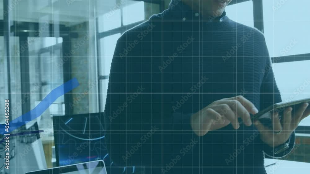 Poster animation of statistical data processing against caucasian man using digital tablet at office