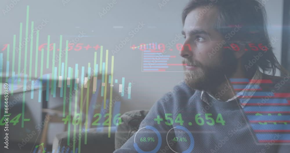 Wall mural Animation of stock market data processing against thoughtful caucasian man at office