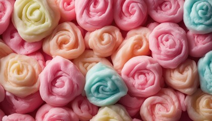 Colorful cotton candy in the shape of a rose flower texture.. Soft pastel color  sweet background. Beautiful romantic  sweet love backdrop. Top View, From Above.,Flat lay