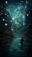 Man standing in the middle of a dark sea with glowing stars around him