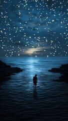 Silhouette of a girl in the sea at night with starry sky