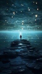 Man standing on the edge of a cliff in the sea with stars