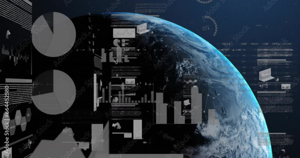 Poster animation of interface with statistical data processing over globe against blue background