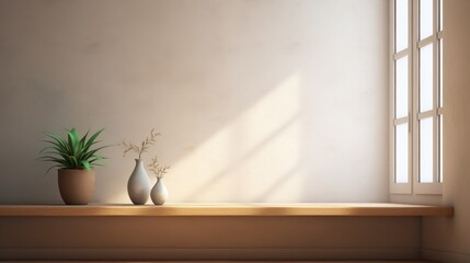 Table in front of window and vase with plant on a table