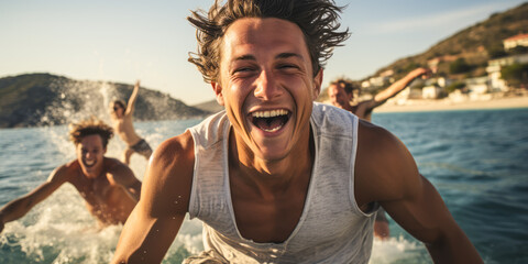 Sky High Happiness: Young Men Jumping in Sea - obrazy, fototapety, plakaty