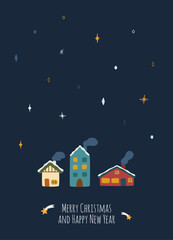 Christmas greeting card with winter themes, blue background and the text Merry Christmas and Happy New Year