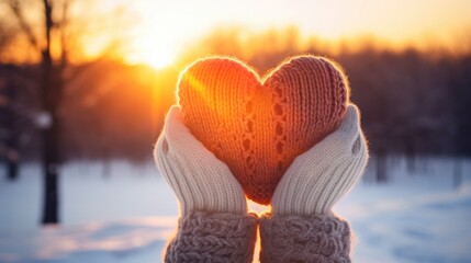 Hands in gloves holding heart shape knitted object on a blurred winter landscape background with trees