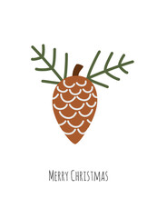 Christmas greeting card with a pinapple with two branches, white background and the text Merry Christmas