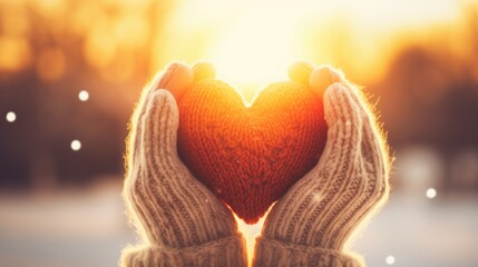 Hands in gloves holding heart shape knitted object on a blurred winter landscape background with trees - obrazy, fototapety, plakaty