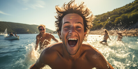 Men Embracing the Moment: Jumping into Sea Against Sky
