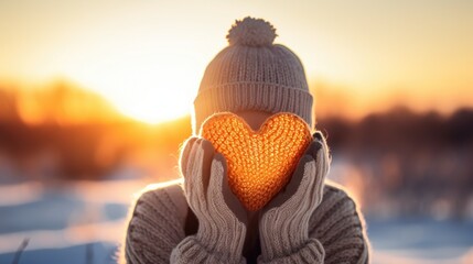 Woman in warm hat and gloves holding heart shape knitted object on her face on a blurred winter landscape background with trees