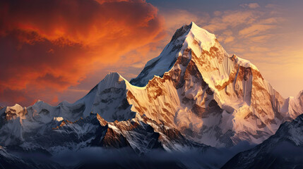 Mountain peak of the tibetan snow-capped mountains, a beautiful panorama of the mountains at sunset of the day