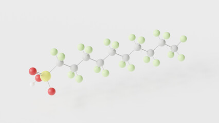 perfluorodecanesulfonic acid molecule 3d, molecular structure, ball and stick model, structural chemical formula pfds