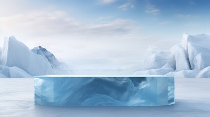 Fototapeta na wymiar Product podium display from ice around snowy icy landscape with mountains