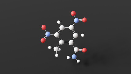 dinitolmide molecule, molecular structure, anticoccidial drug, ball and stick 3d model, structural chemical formula with colored atoms