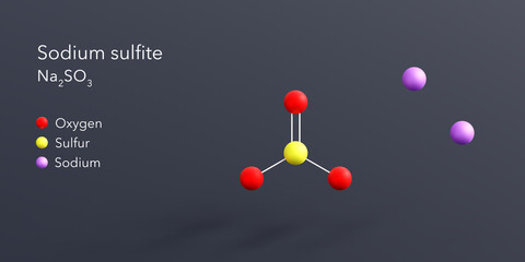 sodium sulfite molecule 3d rendering, flat molecular structure with chemical formula and atoms color coding
