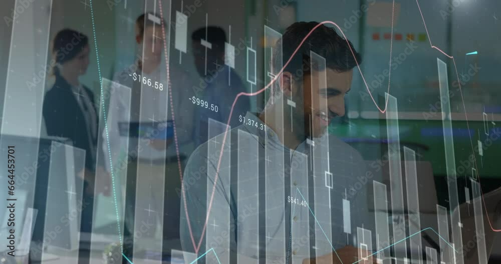 Poster animation of statistical data processing against caucasian man using laptop and smiling at office