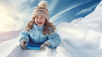 Fototapeta na wymiar Close up portrait of a happy excited child girl in warm clothes riding on snow slides with sled in winter landscape