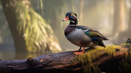 A magnificent male wood duck standing guard.