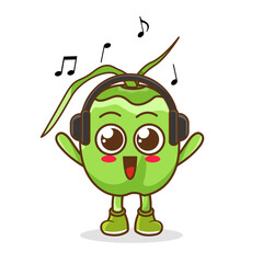 Cute cartoon green coconut character listening to music and enjoy. Vector character illustration icon isolated on white. green coconut Fruit cartoon mascot character Listening music on a headset