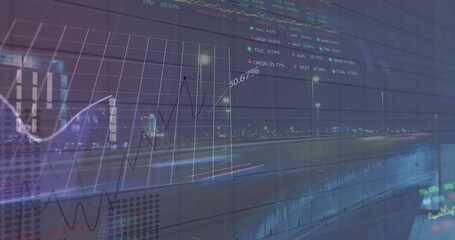 Animation of statistical and stock market data processing against time-lapse of night city traffic - Powered by Adobe