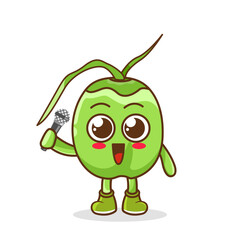 Cute cartoon green coconut fruit singer character holding mic