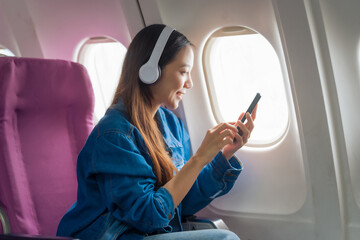 Female airplane passengers traveller asian chinese people discovering global destinations....