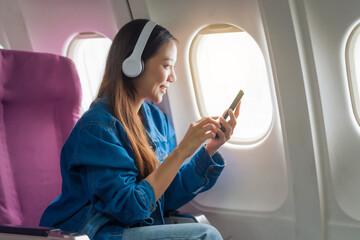 Female airplane passengers traveller asian chinese people discovering global destinations. jet-setting adventures, empowered explorations, immersive cultural experiences.