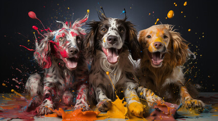 Dogs playing and smiling with color powder exploding in studio setting
