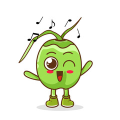 green coconut Fruit cartoon mascot character Listening music. Cute green coconut cartoon character dances to music