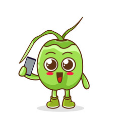 green coconut fruit cartoon character holding a smartphone