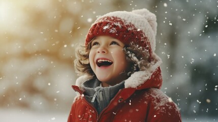 Cheerful child catches snowflakes with his tongue in close-up. Walking during a snowfall