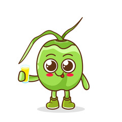 green coconut Fruit Cartoon Mascot Character Presenting And Holding Up A Glass Of Juice. Cute green coconut cartoon character holding a glass with juice.